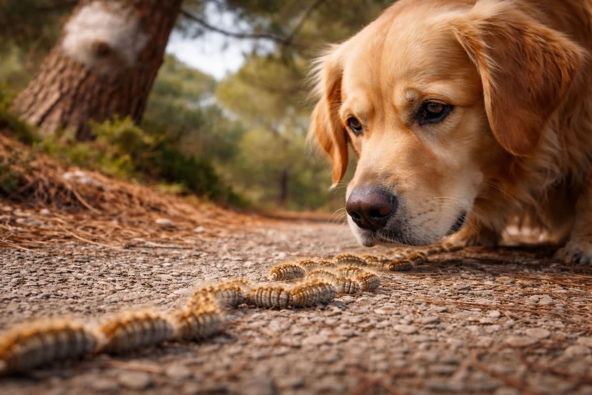 Chien observant une procession de chenilles processionnaires au sol